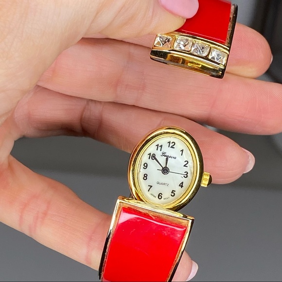 Geneva Gold and Red Hinged Cuff Bangle Bracelet Watch - Picture 6 of 10
